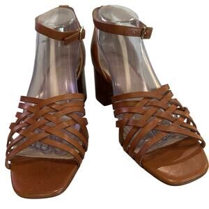 J. Jill Womens 10M Leather Strappy Sandals Heels Brown Weave Detail Ankle Strap
